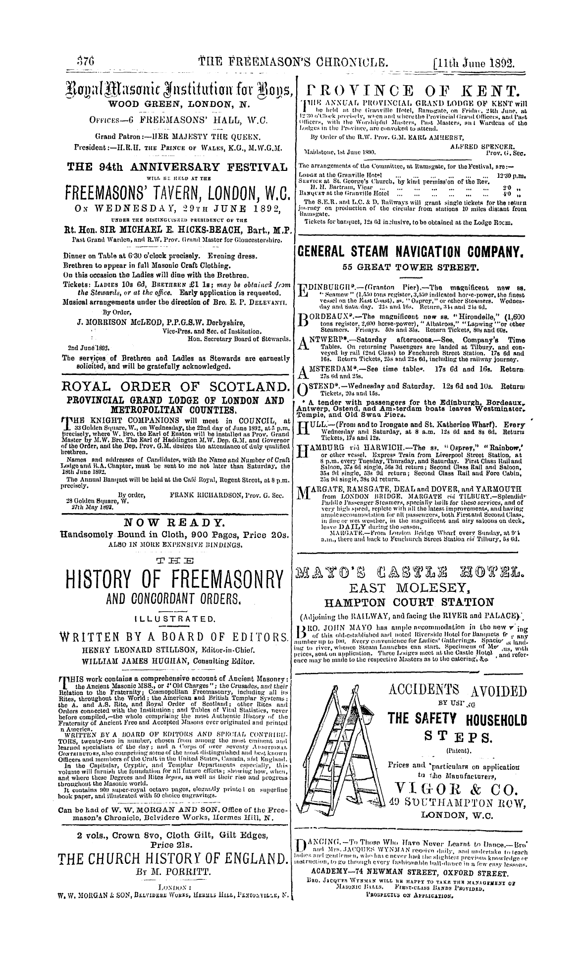 The Freemason's Chronicle: 1892-06-11 - Ad00803
