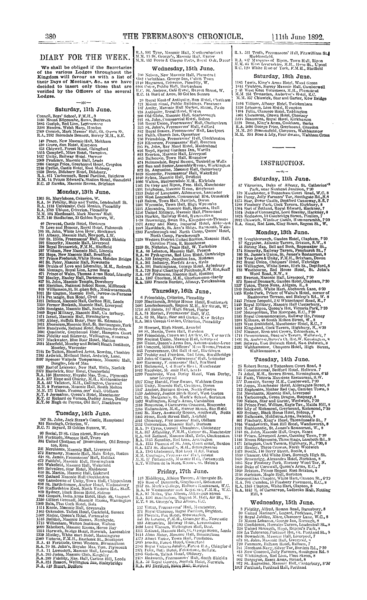 The Freemason's Chronicle: 1892-06-11 - Instruction.