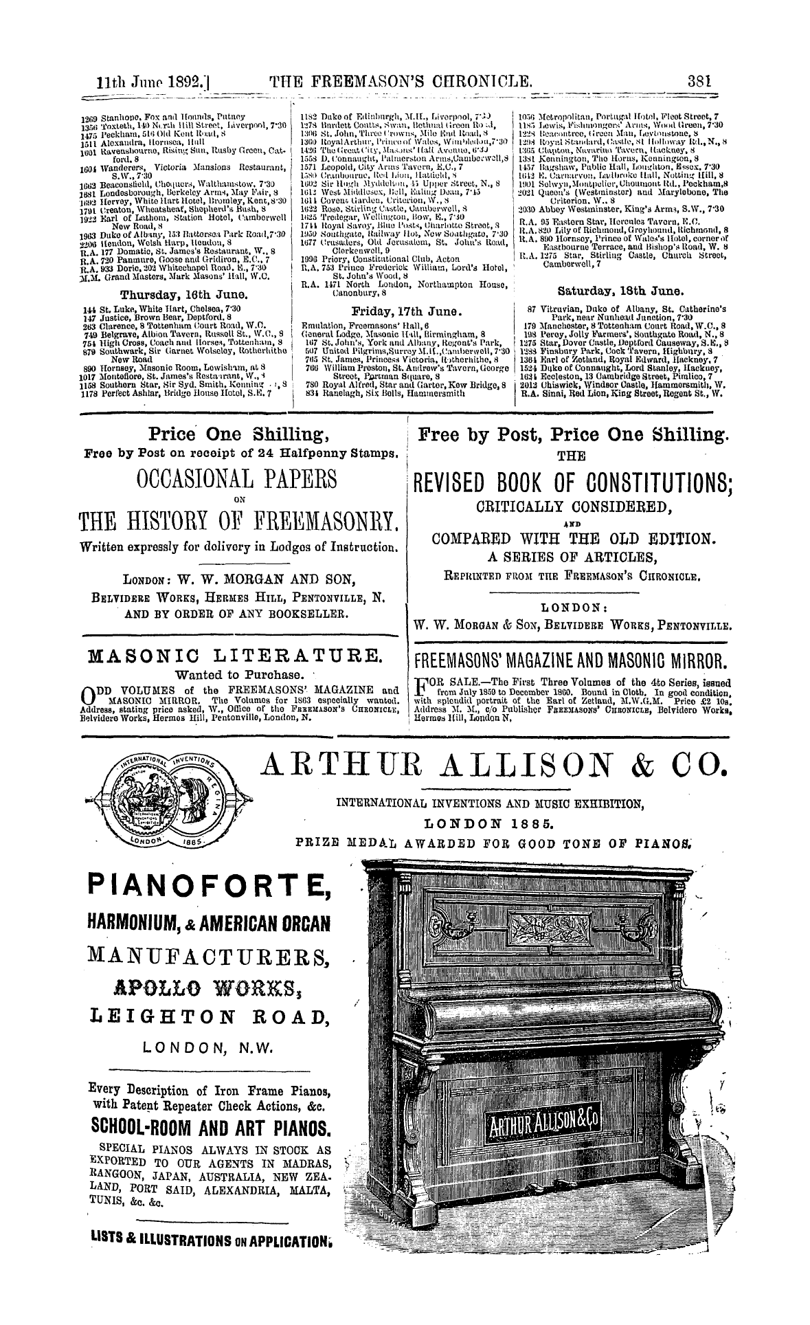 The Freemason's Chronicle: 1892-06-11 - Ad01305
