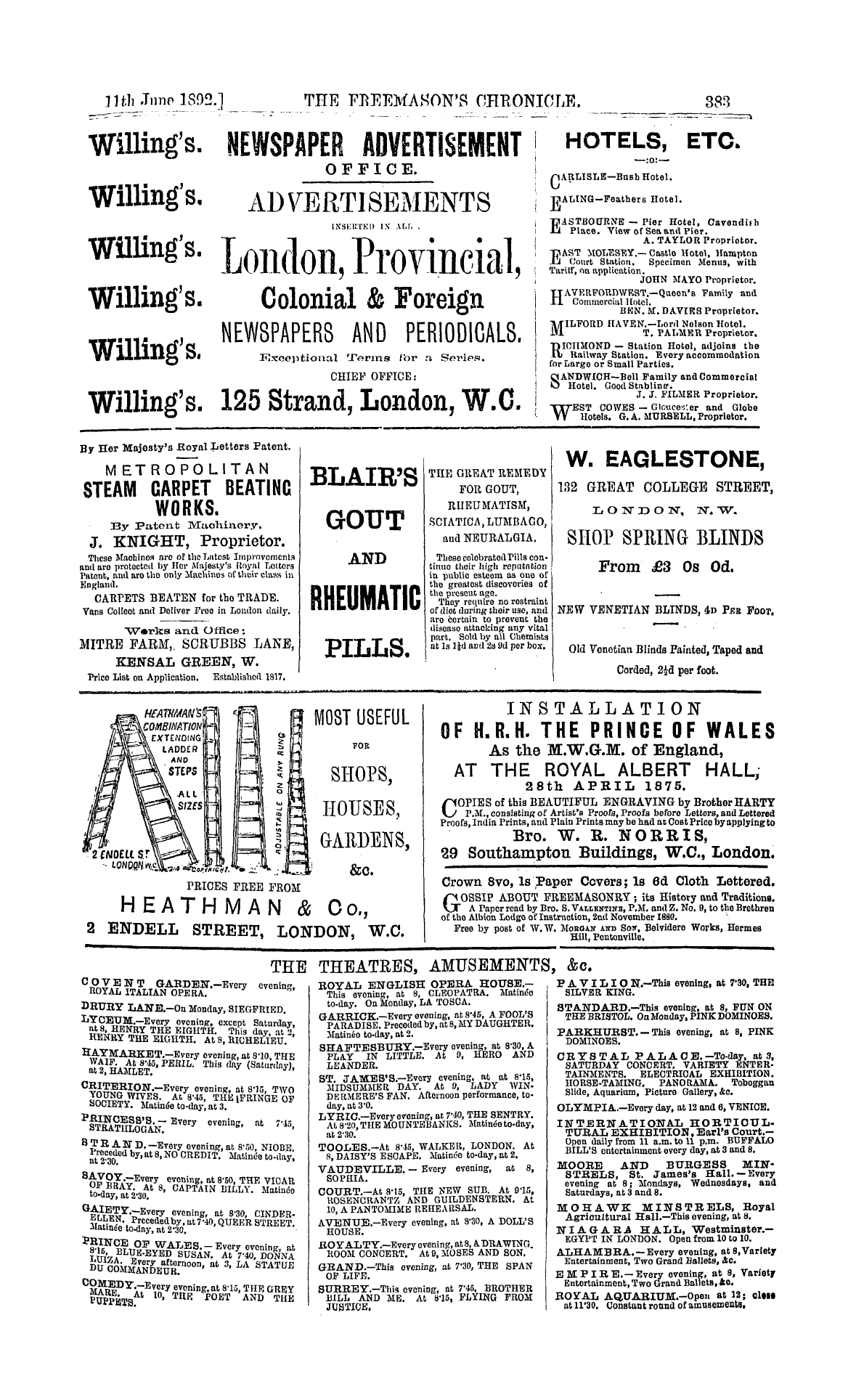 The Freemason's Chronicle: 1892-06-11 - Tee Theatres, Amusements, &C.