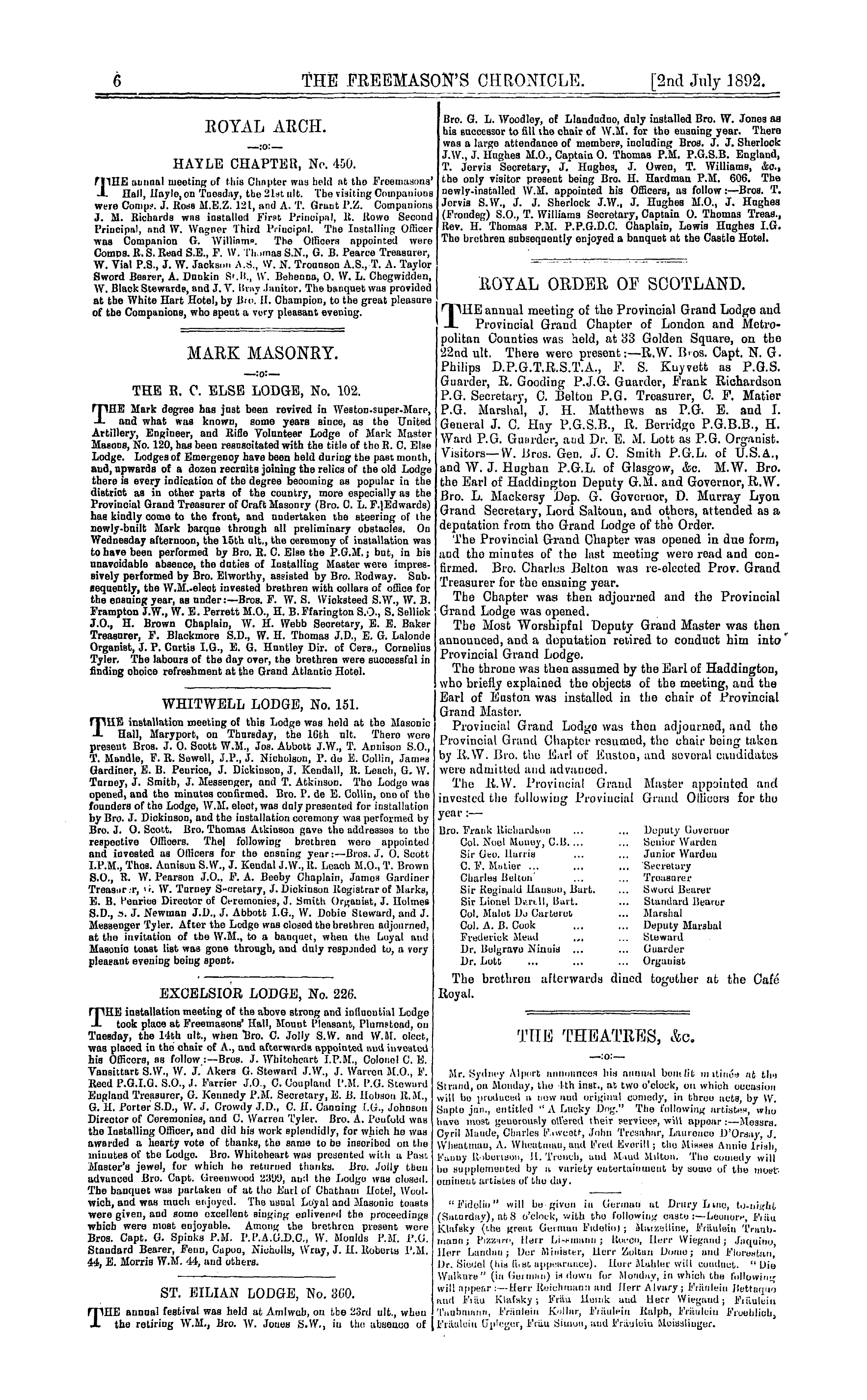 The Freemason's Chronicle: 1892-07-02 - The Theatres, &C.