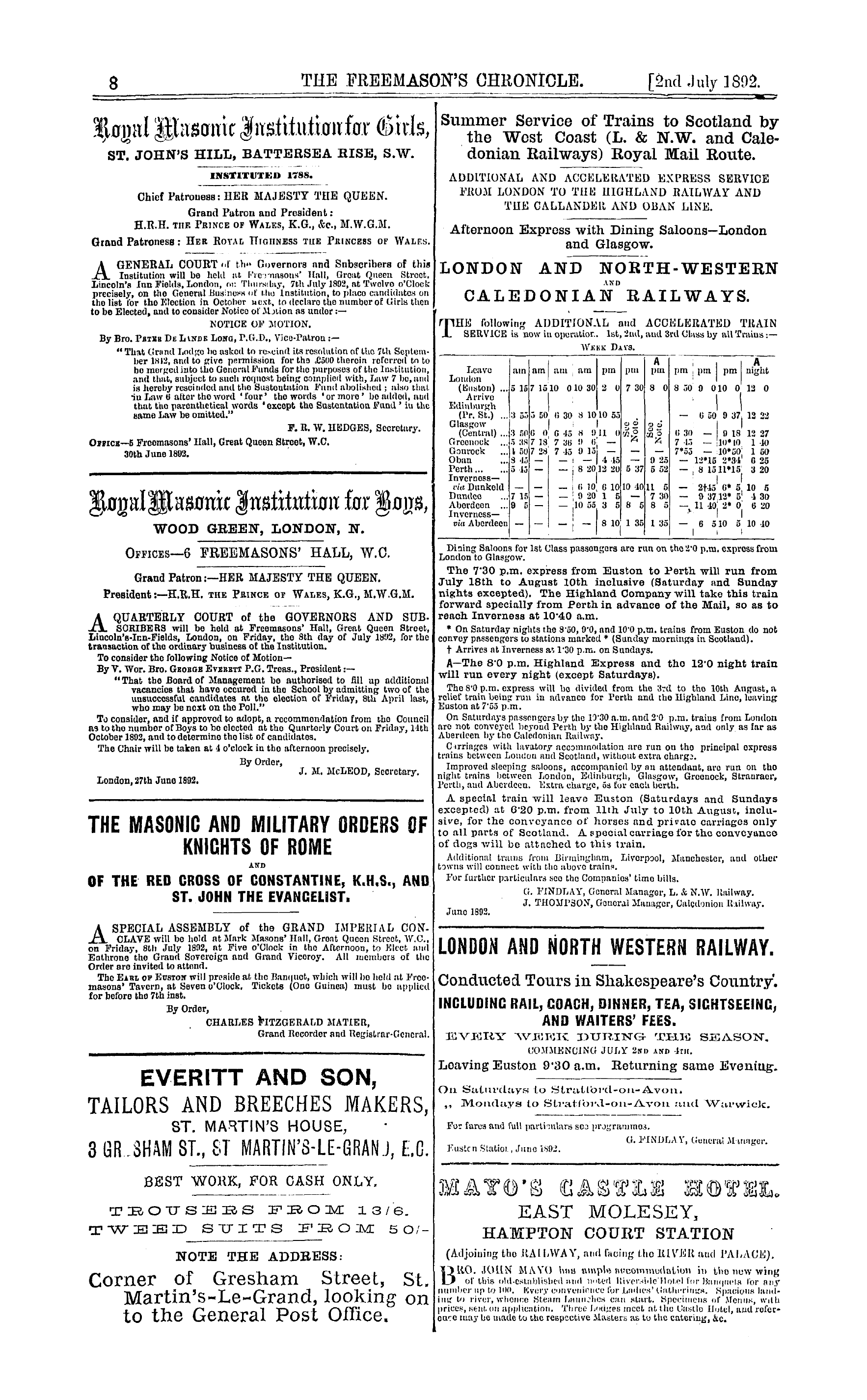 The Freemason's Chronicle: 1892-07-02 - Ad00806