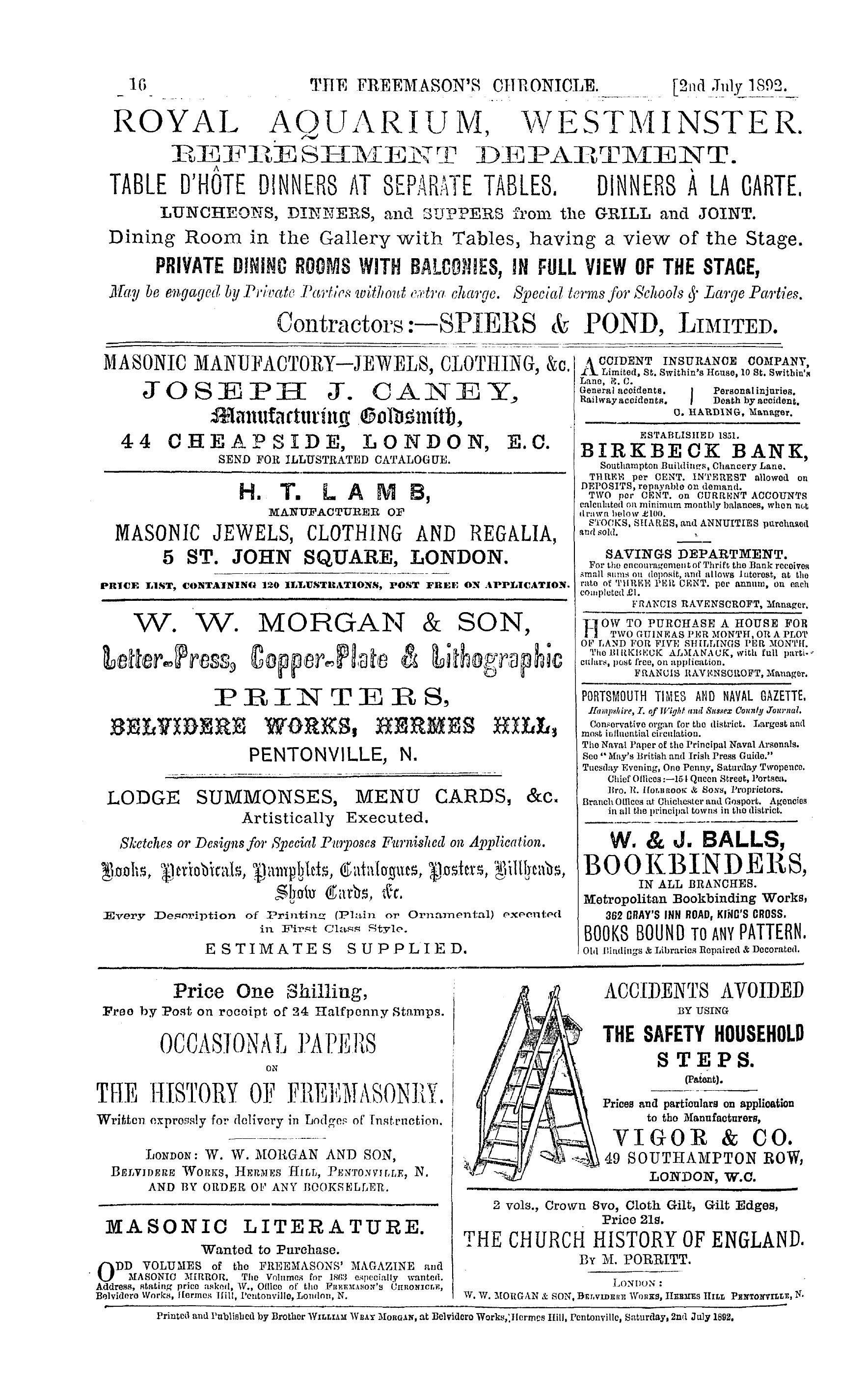 The Freemason's Chronicle: 1892-07-02 - Ad01612