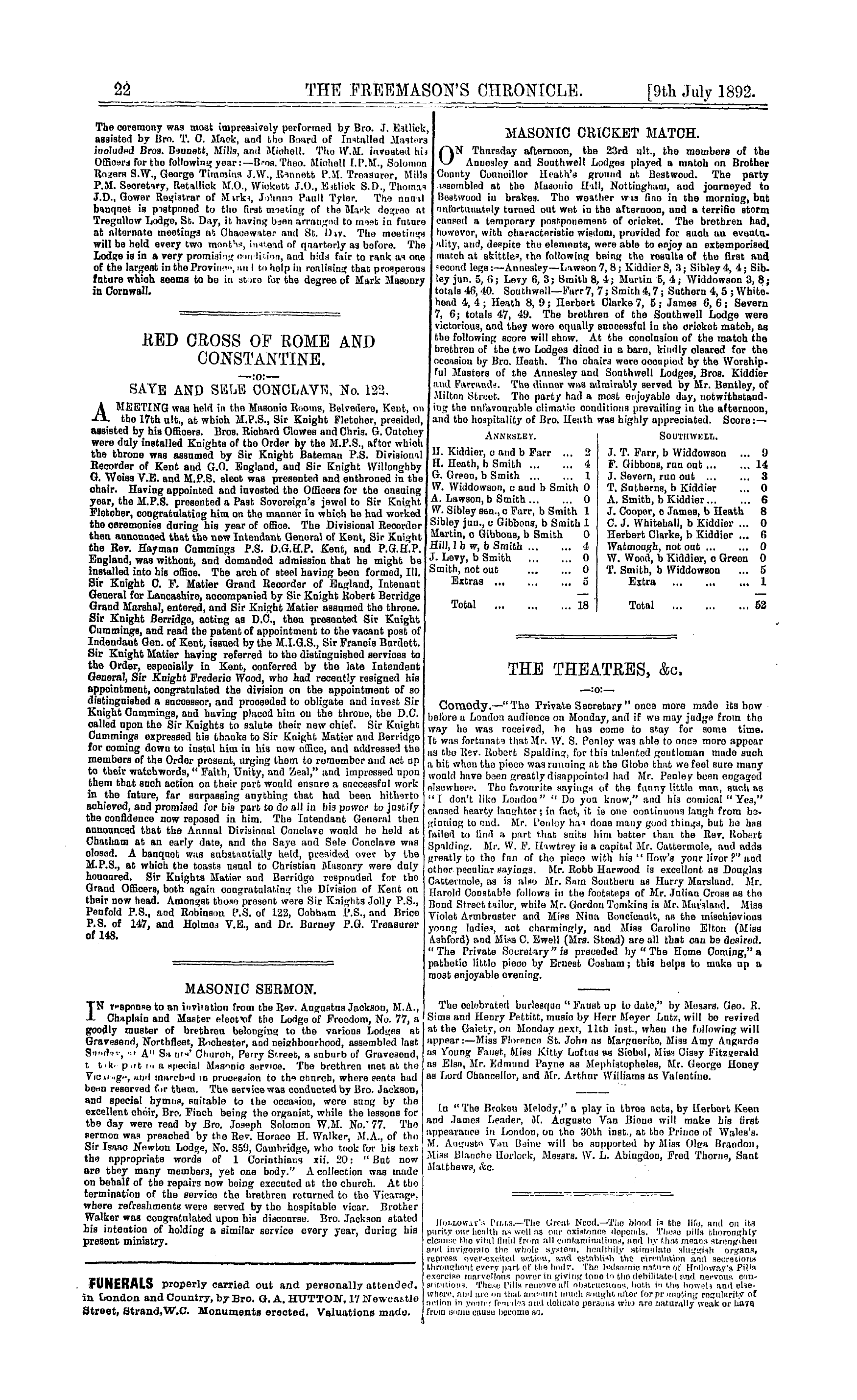 The Freemason's Chronicle: 1892-07-09 - Ad00605