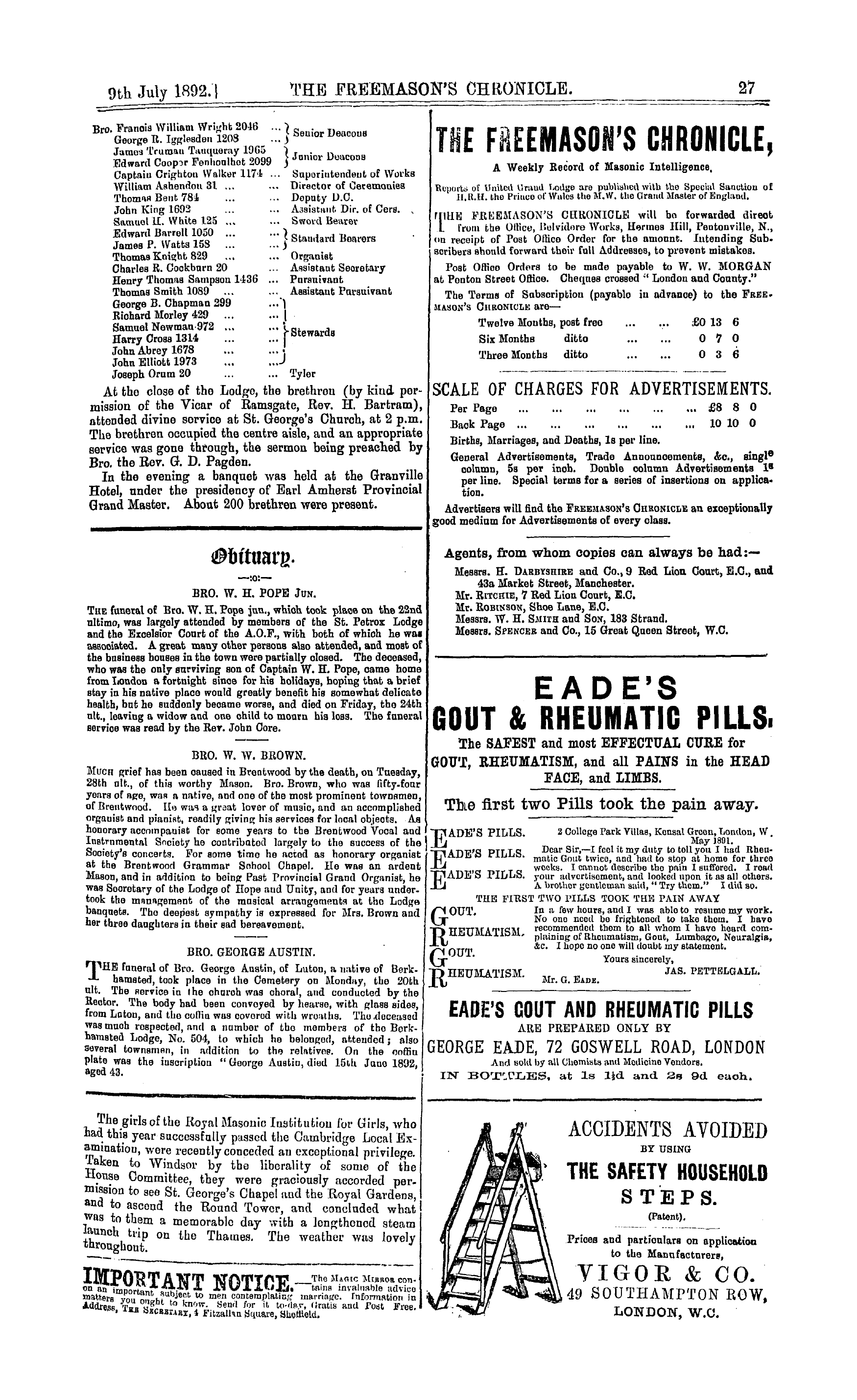 The Freemason's Chronicle: 1892-07-09 - Ad01105