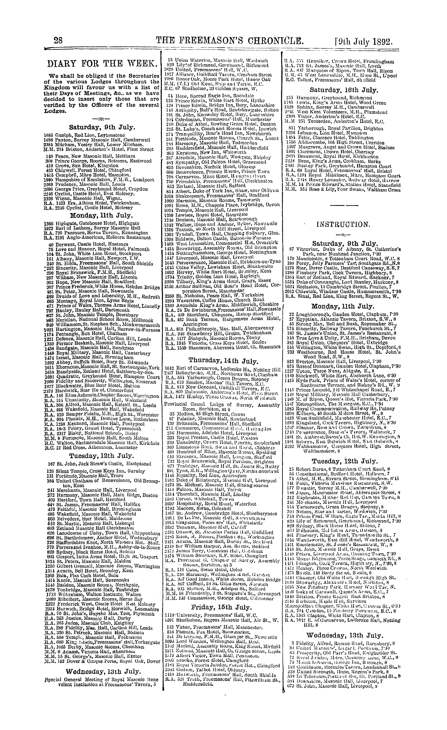 The Freemason's Chronicle: 1892-07-09 - Instruction.