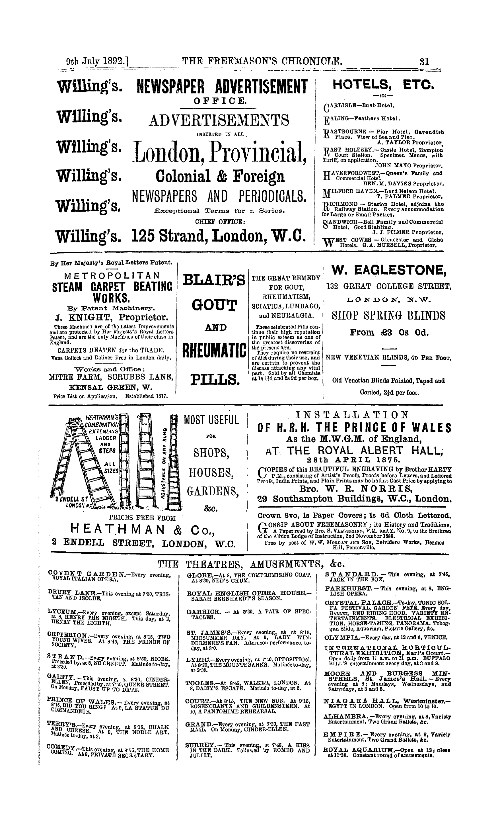 The Freemason's Chronicle: 1892-07-09 - The Theatres, Amusements, &C.