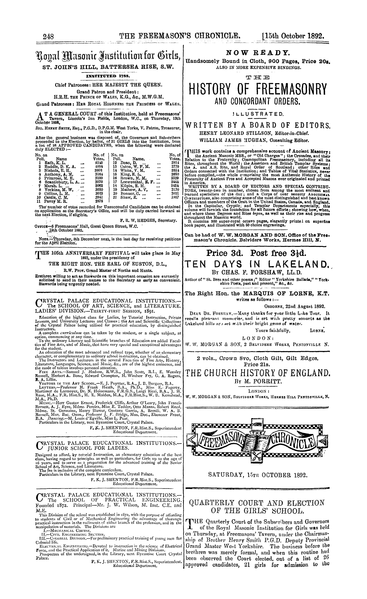 The Freemason's Chronicle: 1892-10-15 - Quarterly Court And Election Of The Girls' School.