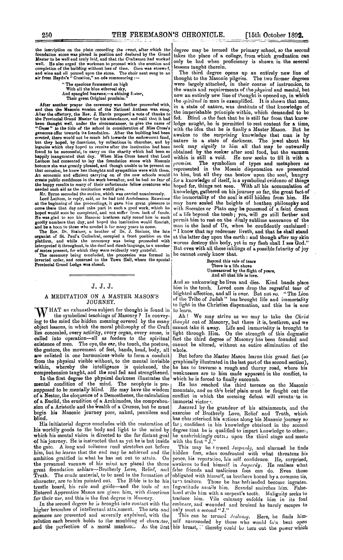 The Freemason's Chronicle: 1892-10-15 - J • J • J. A Meditation On A Master Mason's Journey.