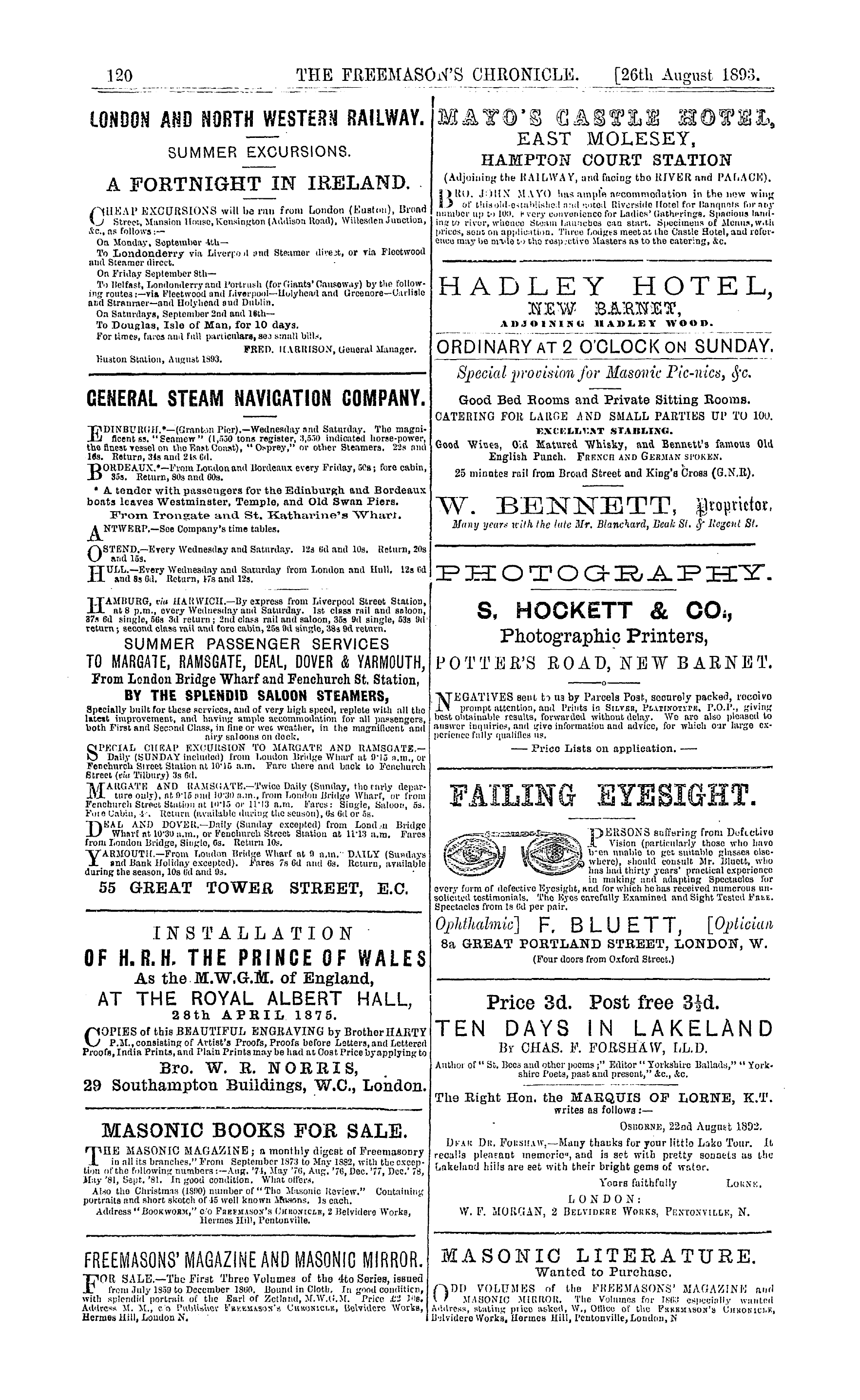 The Freemason's Chronicle: 1893-08-26 - Ad00809