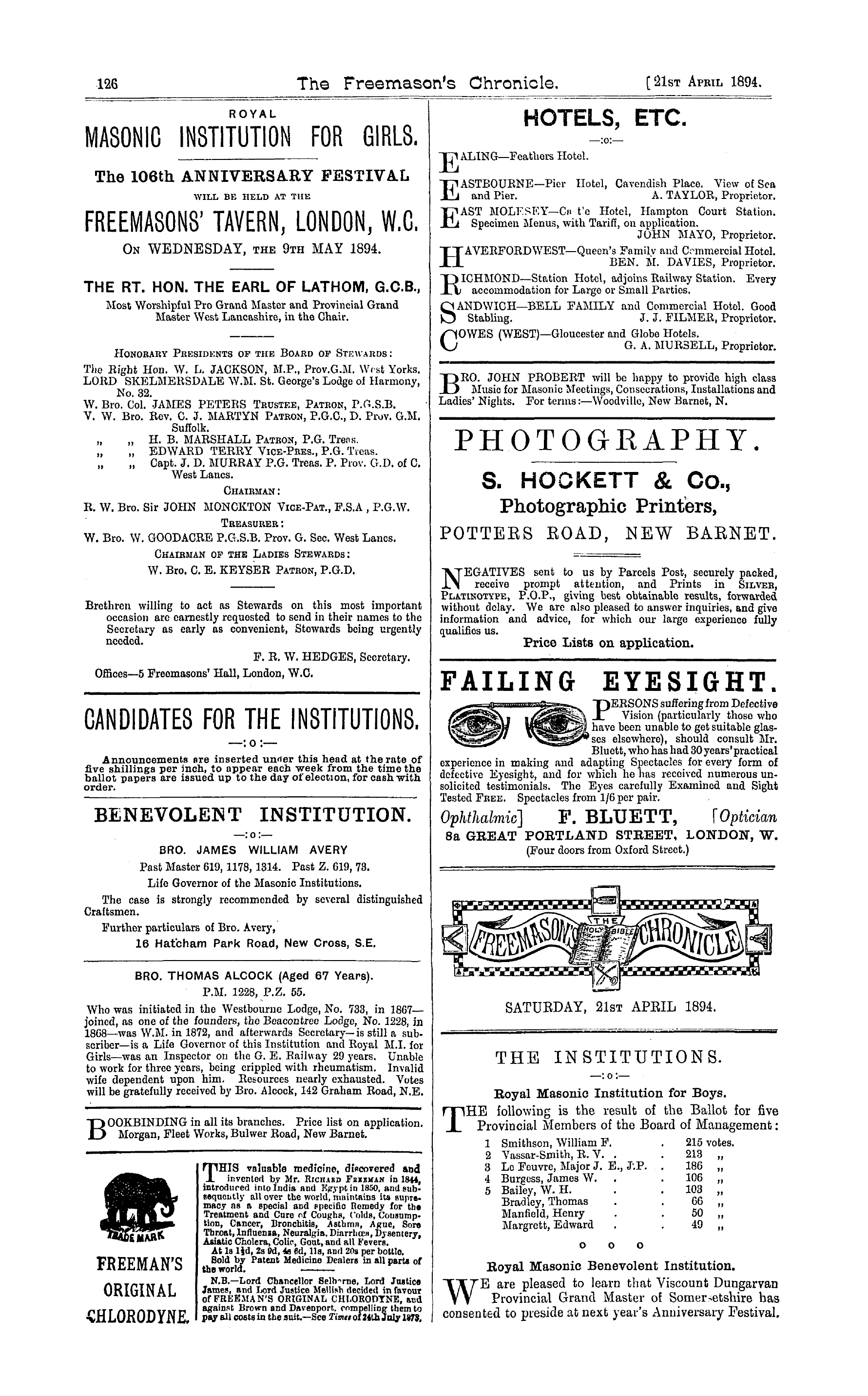 The Freemason's Chronicle: 1894-04-21 - The Institutions.