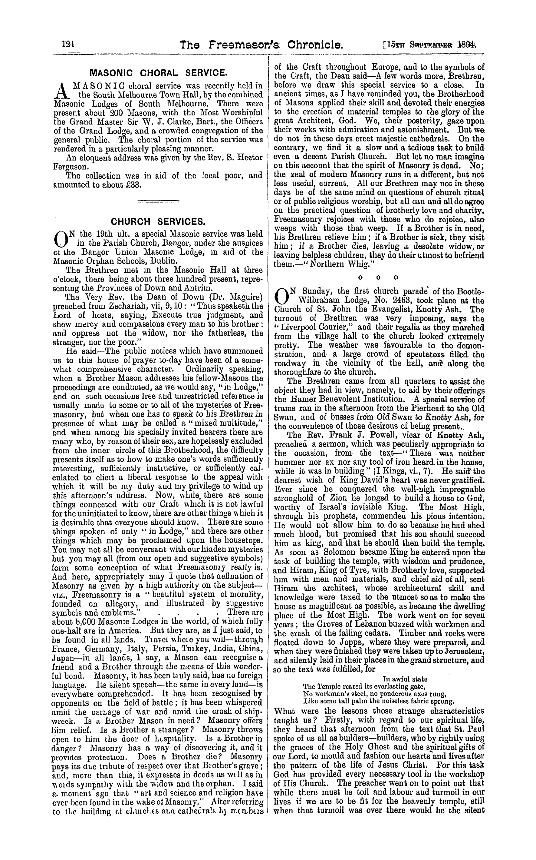 The Freemason's Chronicle: 1894-09-15 - Church Services.