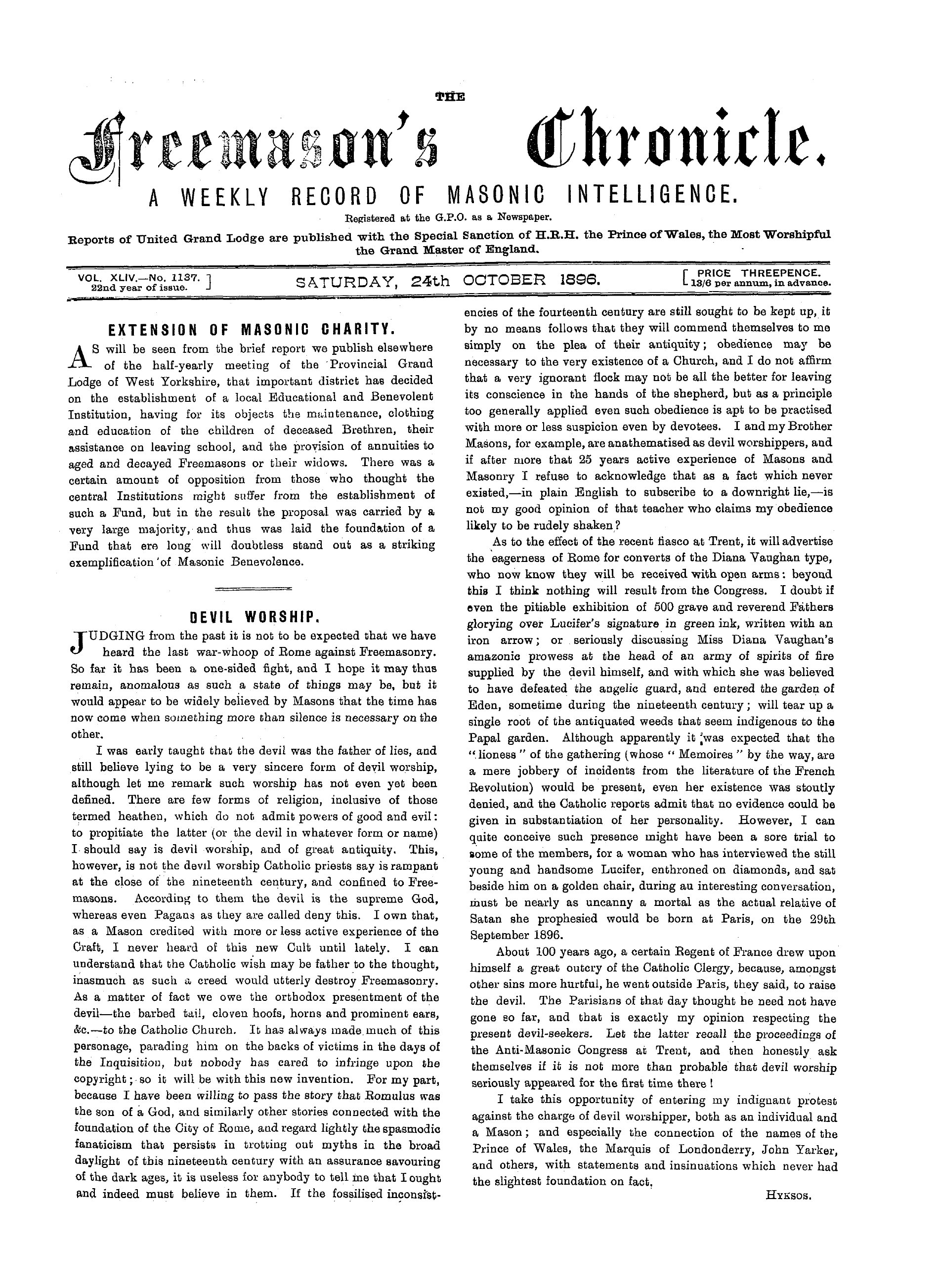 The Freemason's Chronicle: 1896-10-24 - Extension Of Masonic Charity.