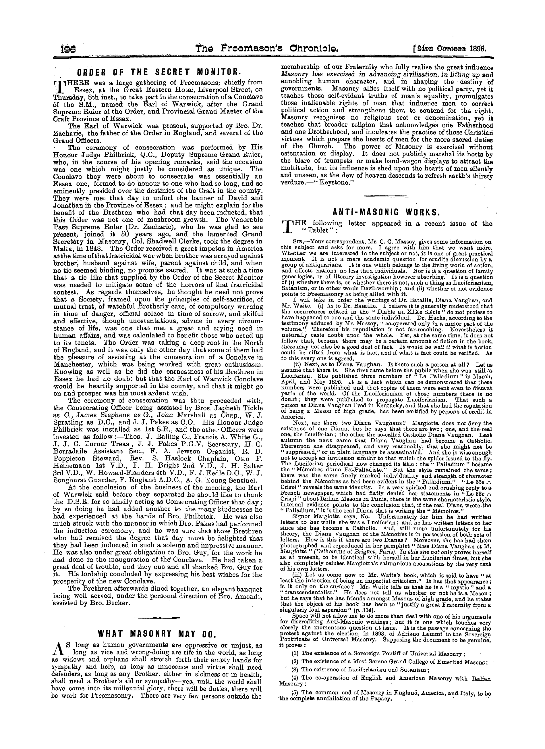 The Freemason's Chronicle: 1896-10-24 - What Masonry May Do.
