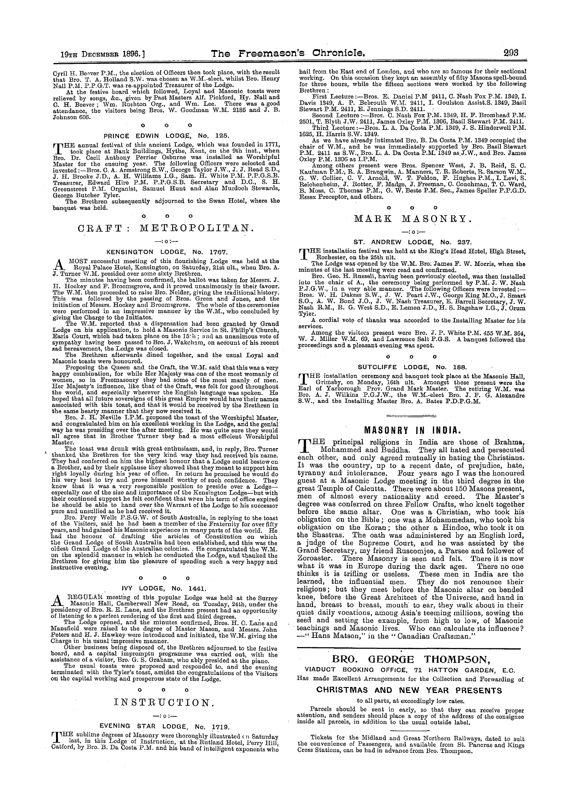The Freemason's Chronicle: 1896-12-19 - Masonry In India.
