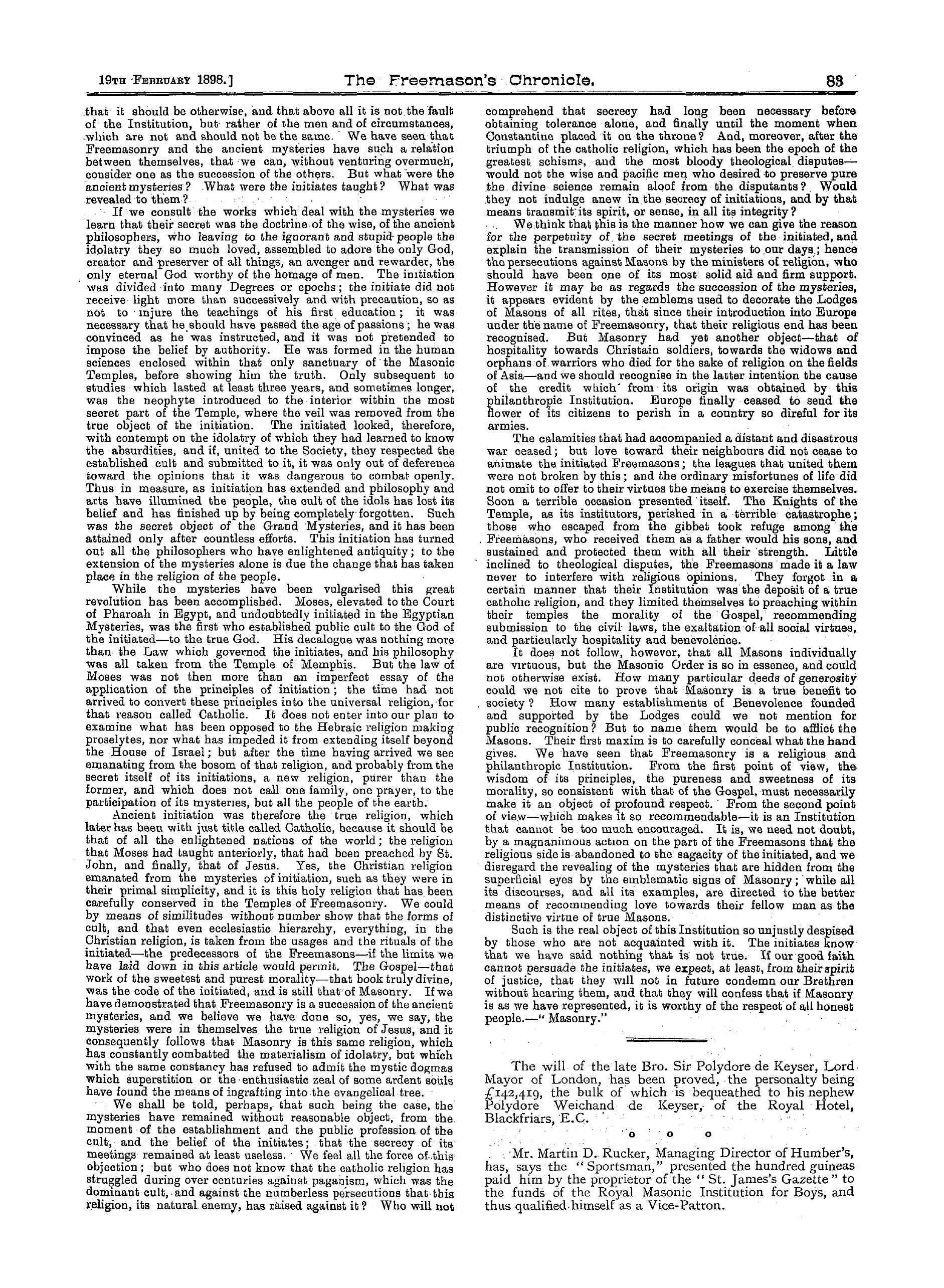 The Freemason's Chronicle: 1898-02-19 - What Is Masonry?