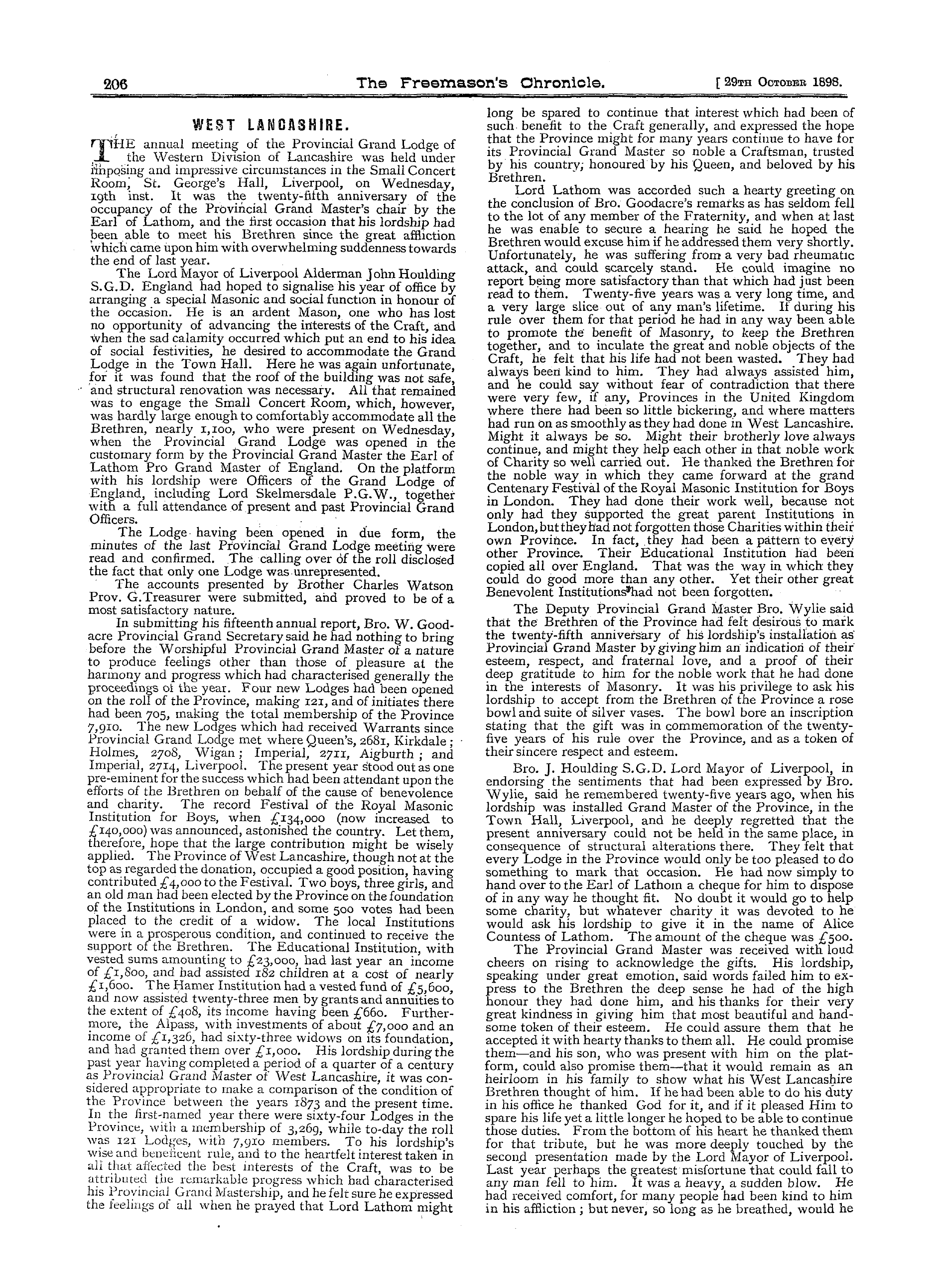 The Freemason's Chronicle: 1898-10-29 - West Lancashire.