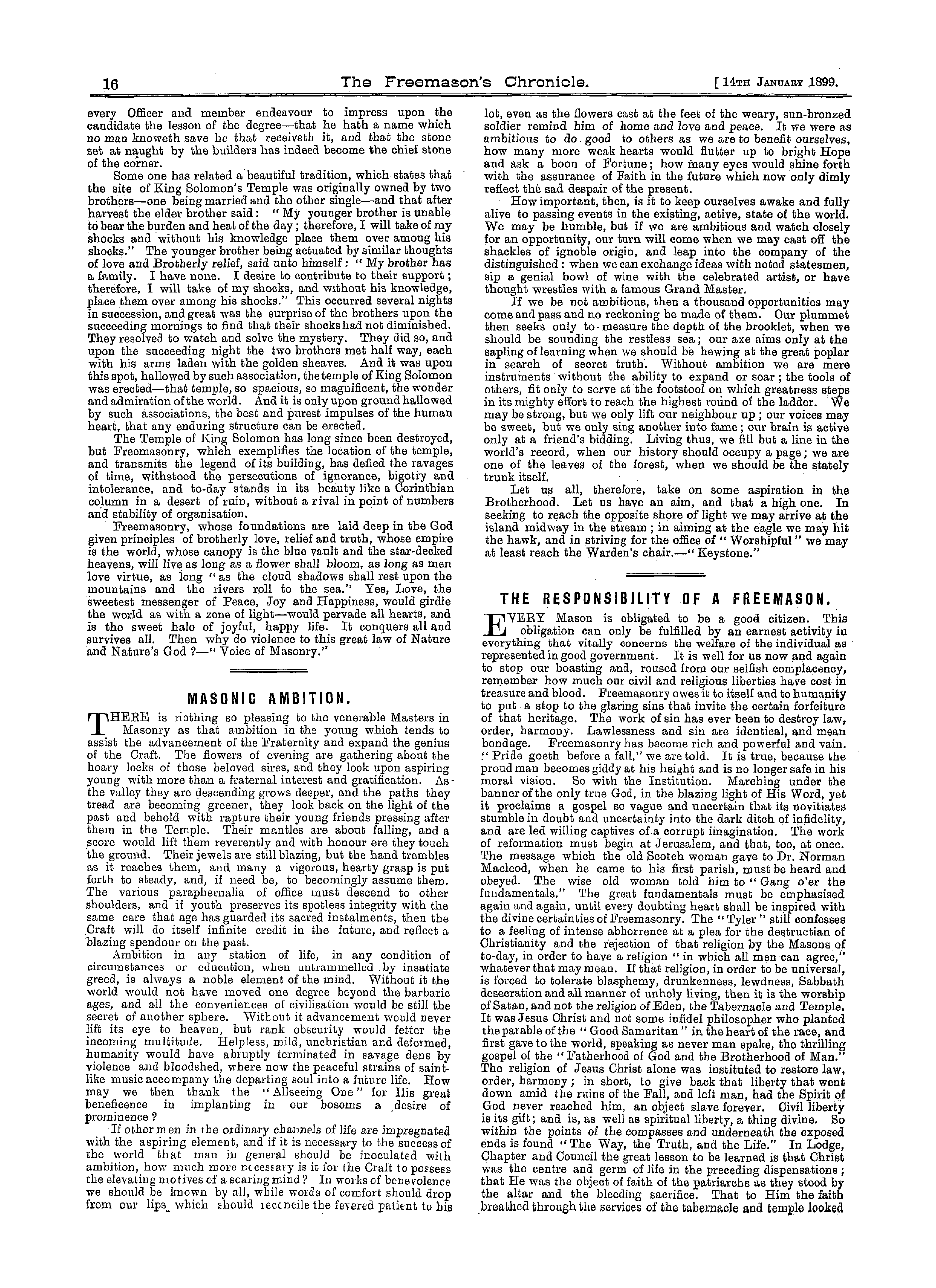The Freemason's Chronicle: 1899-01-14 - Masonry's Consummation.