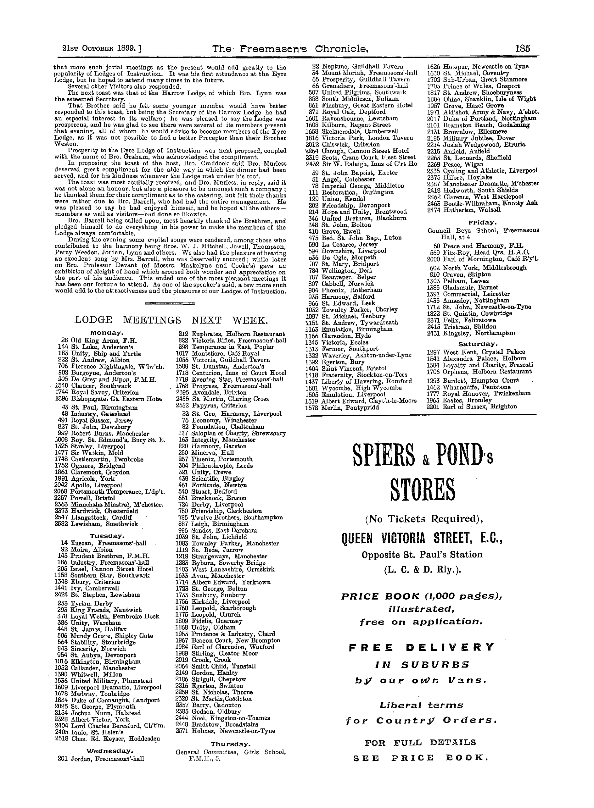 The Freemason's Chronicle: 1899-10-21 - Lodge Meetings Next Week.