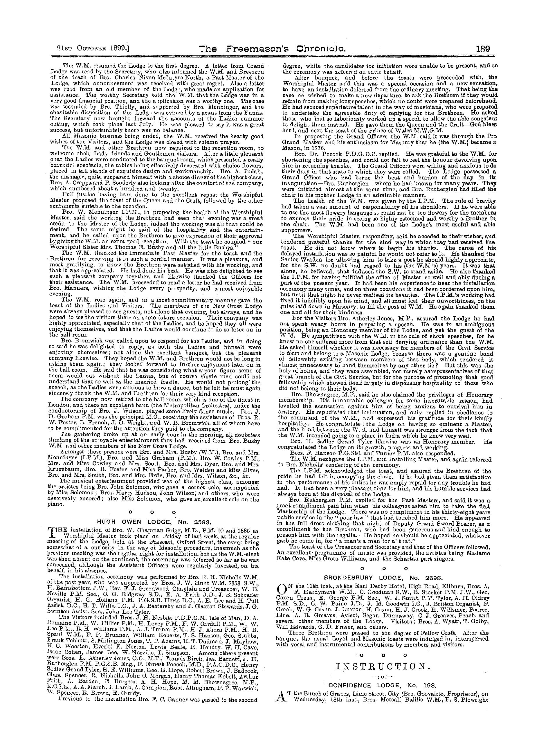 The Freemason's Chronicle: 1899-10-21 - Reports Of Meetings.