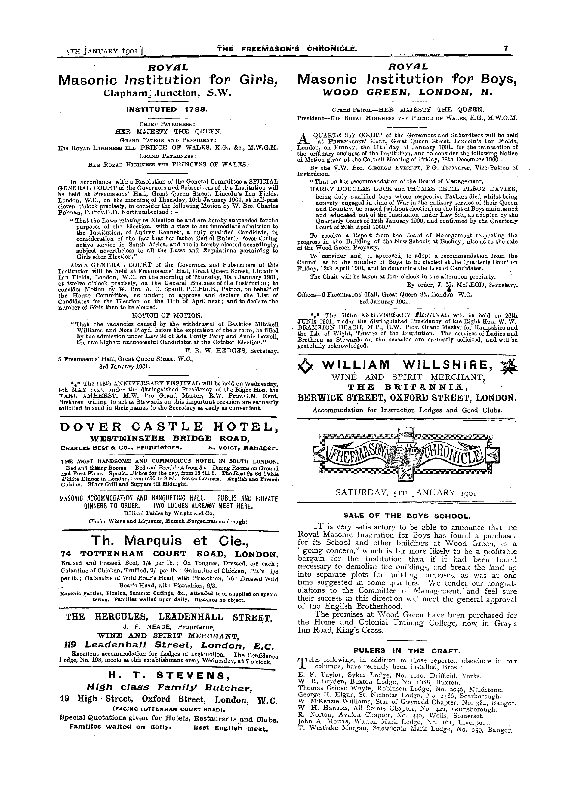The Freemason's Chronicle: 1901-01-05 - Ad00707
