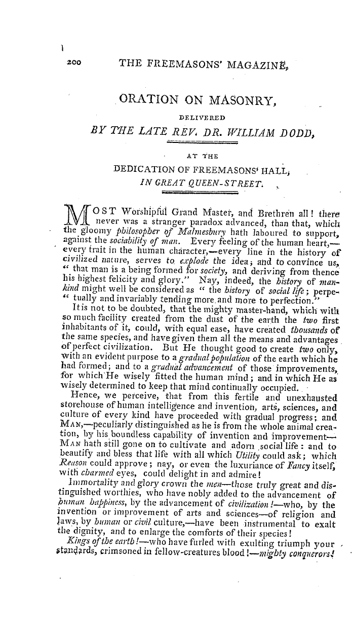 The Freemasons' Magazine: 1793-08-01 - Oration On Masonry,