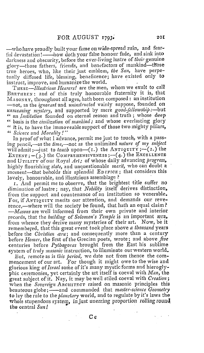 The Freemasons' Magazine: 1793-08-01 - Oration On Masonry,
