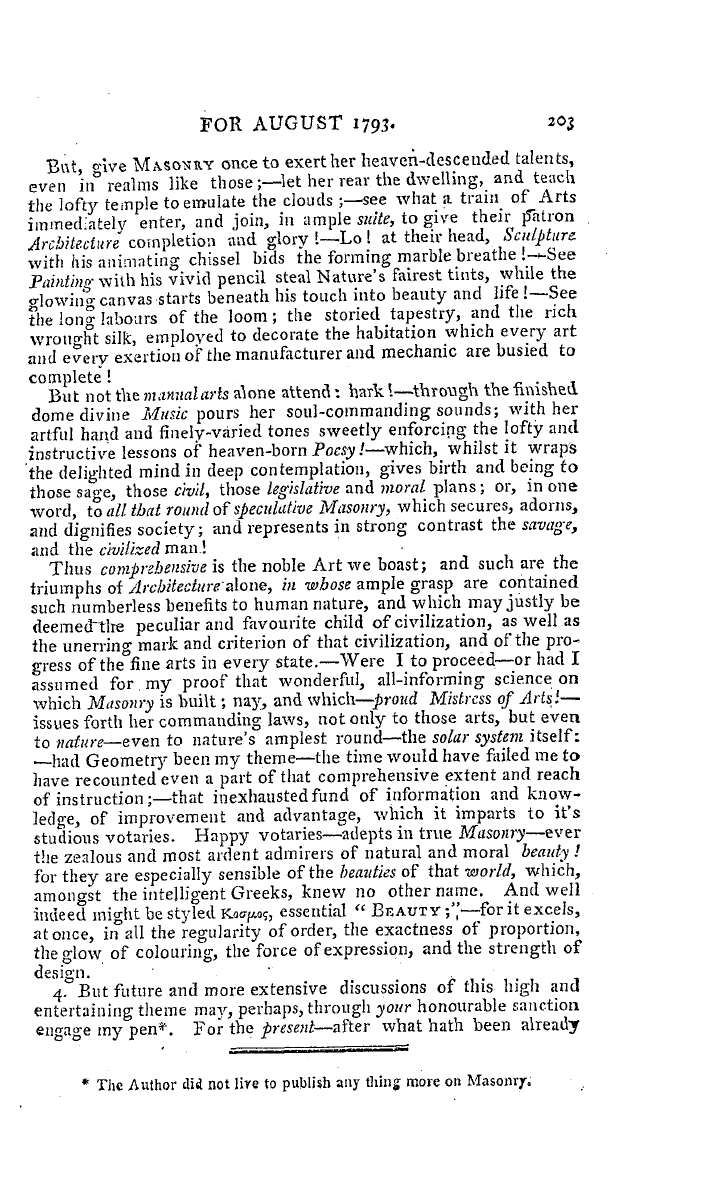 The Freemasons' Magazine: 1793-08-01 - Oration On Masonry,