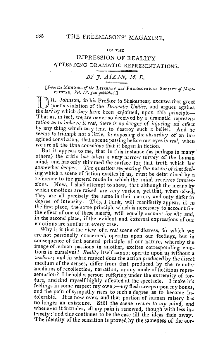 The Freemasons' Magazine: 1793-09-01 - On The Impression Of Reality Attending Dramatic Representations.