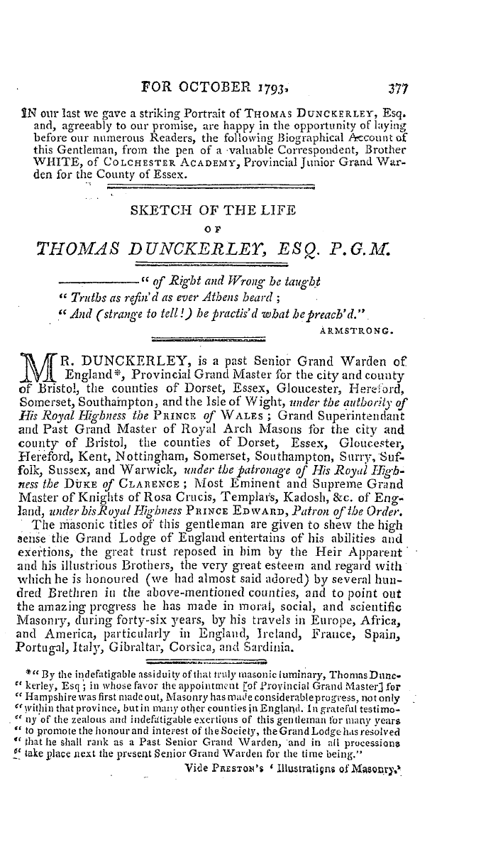 The Freemasons' Magazine: 1793-10-01 - Sketch Of The Life Of Thomas Dunckerley, Esq. P.G.M.