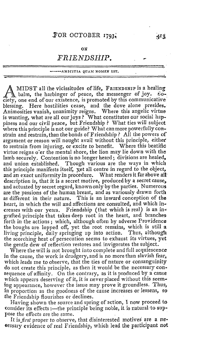 The Freemasons' Magazine: 1793-10-01 - On Friendship.