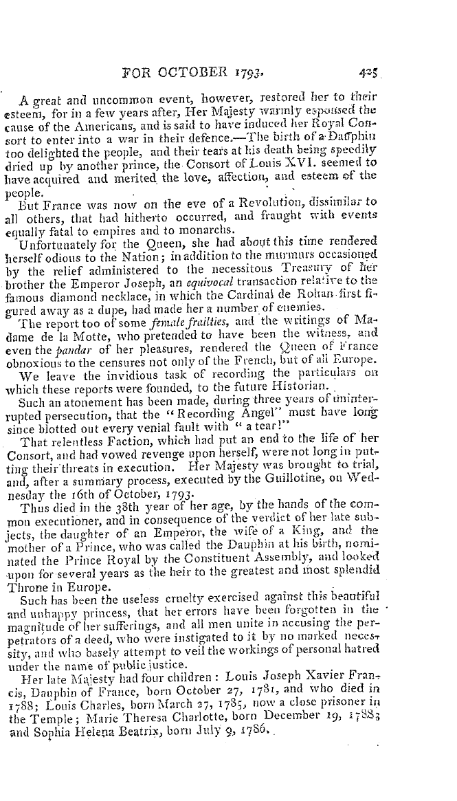 The Freemasons' Magazine: 1793-10-01 - Traits In The Life Of The Late Unfortunate Queen Of France.