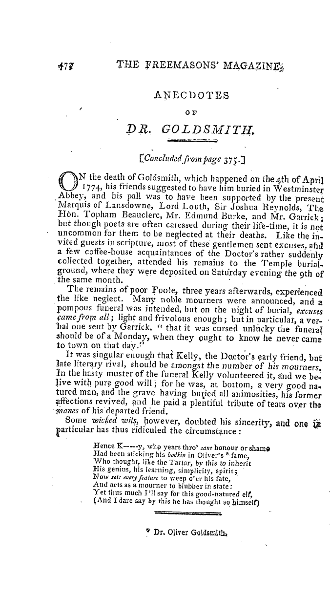 The Freemasons' Magazine: 1793-11-01 - Anecdotes Of Dr. Goldsmith.