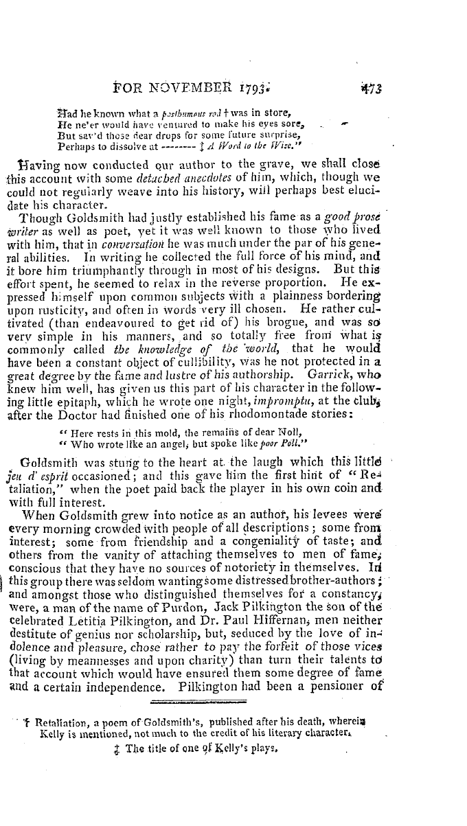 The Freemasons' Magazine: 1793-11-01 - Anecdotes Of Dr. Goldsmith.