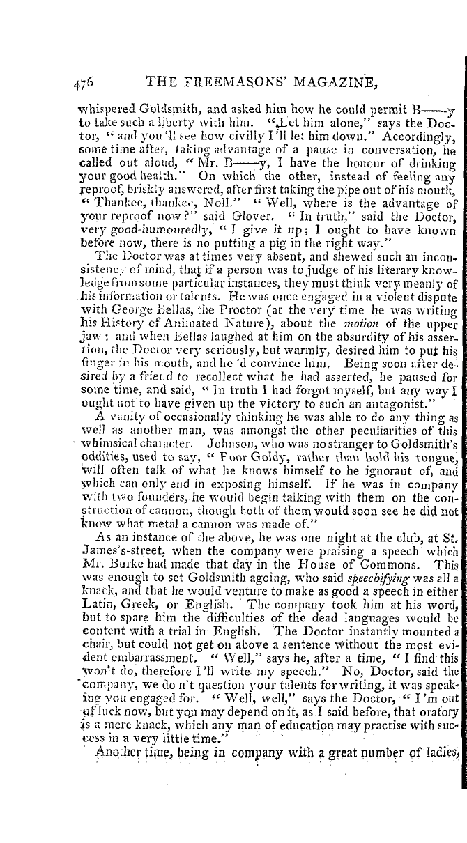 The Freemasons' Magazine: 1793-11-01 - Anecdotes Of Dr. Goldsmith.