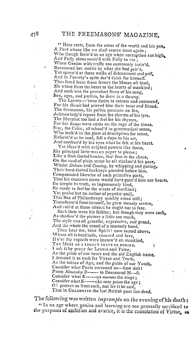 The Freemasons' Magazine: 1793-11-01 - Anecdotes Of Dr. Goldsmith.