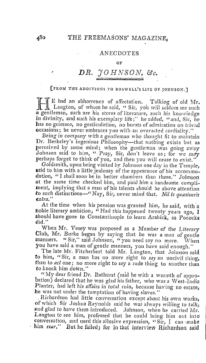 The Freemasons' Magazine: 1793-11-01 - Anecdotes Of Dr. Johnson, &C.