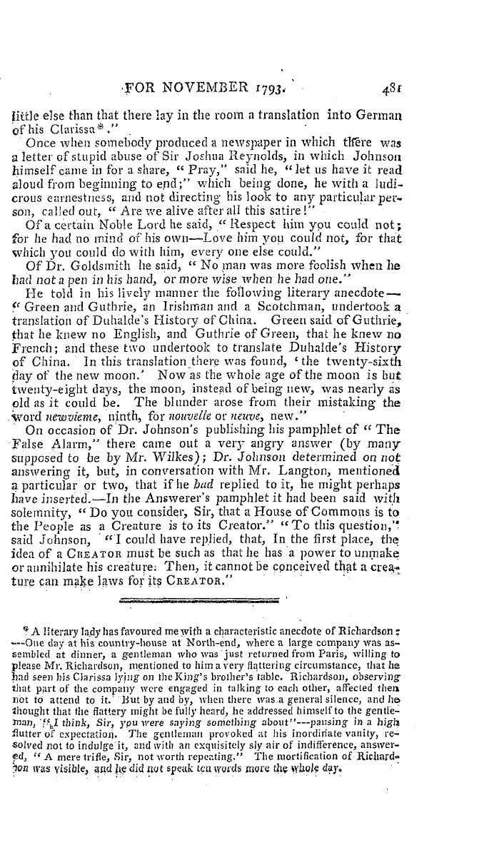 The Freemasons' Magazine: 1793-11-01 - Anecdotes Of Dr. Johnson, &C.