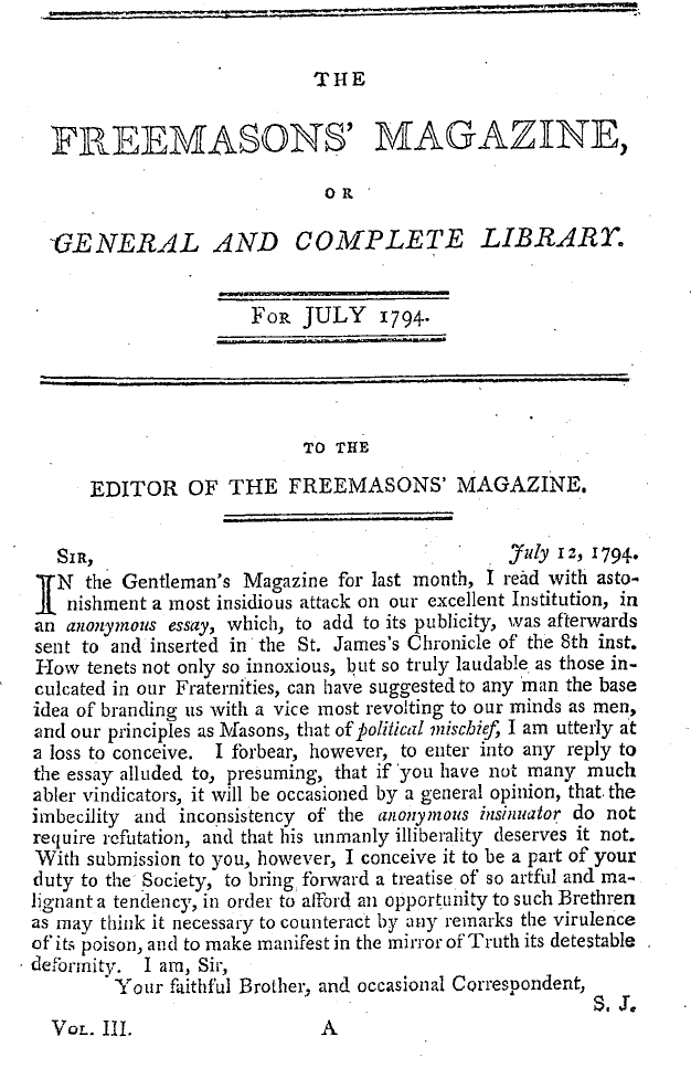 The Freemasons' Magazine: 1794-07-01 - The Freemasons' Magazine, Or General And Complete Library.