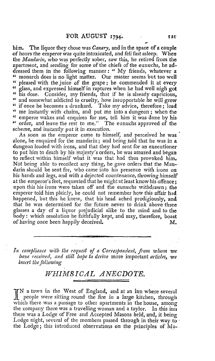 The Freemasons' Magazine: 1794-08-01 - Anecdote Of Kamhi, Emperor Of China.