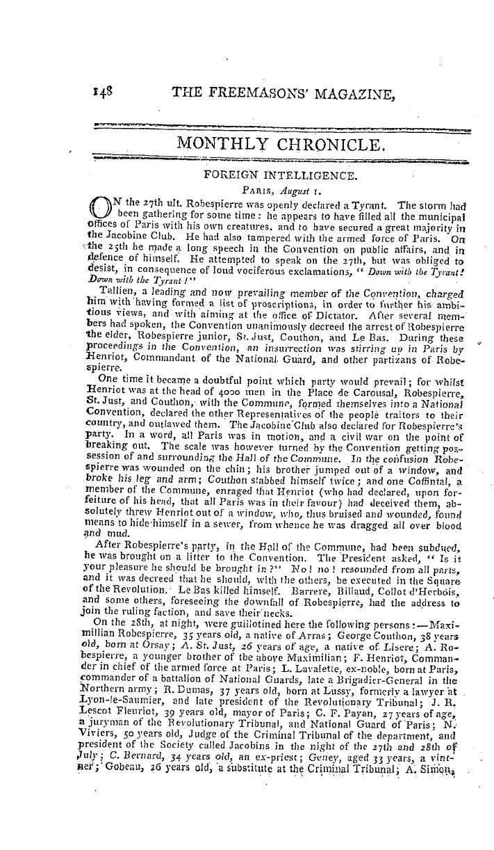 The Freemasons' Magazine: 1794-08-01 - Monthly Chronicle.