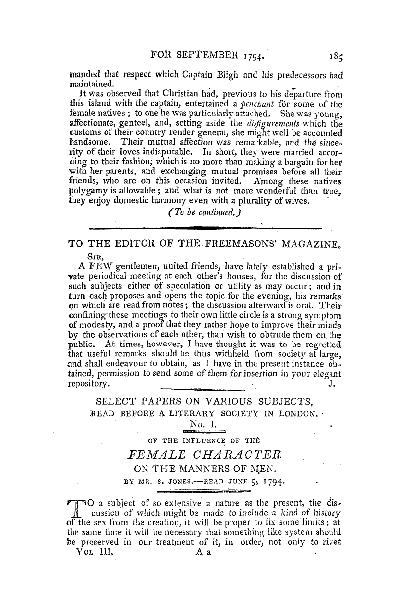 The Freemasons' Magazine: 1794-09-01 - Of The Influence Of The Female Character On The Manners Of Men.