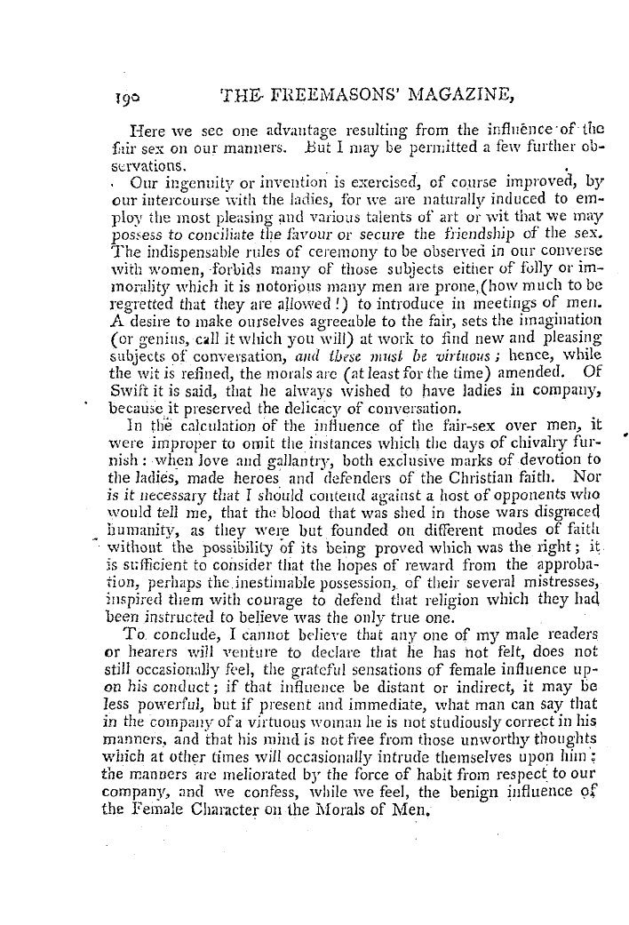 The Freemasons' Magazine: 1794-09-01 - Of The Influence Of The Female Character On The Manners Of Men.