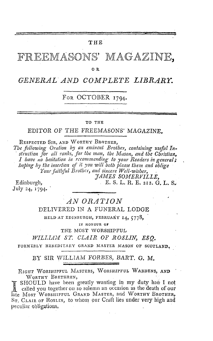 The Freemasons' Magazine: 1794-10-01 - An Oration