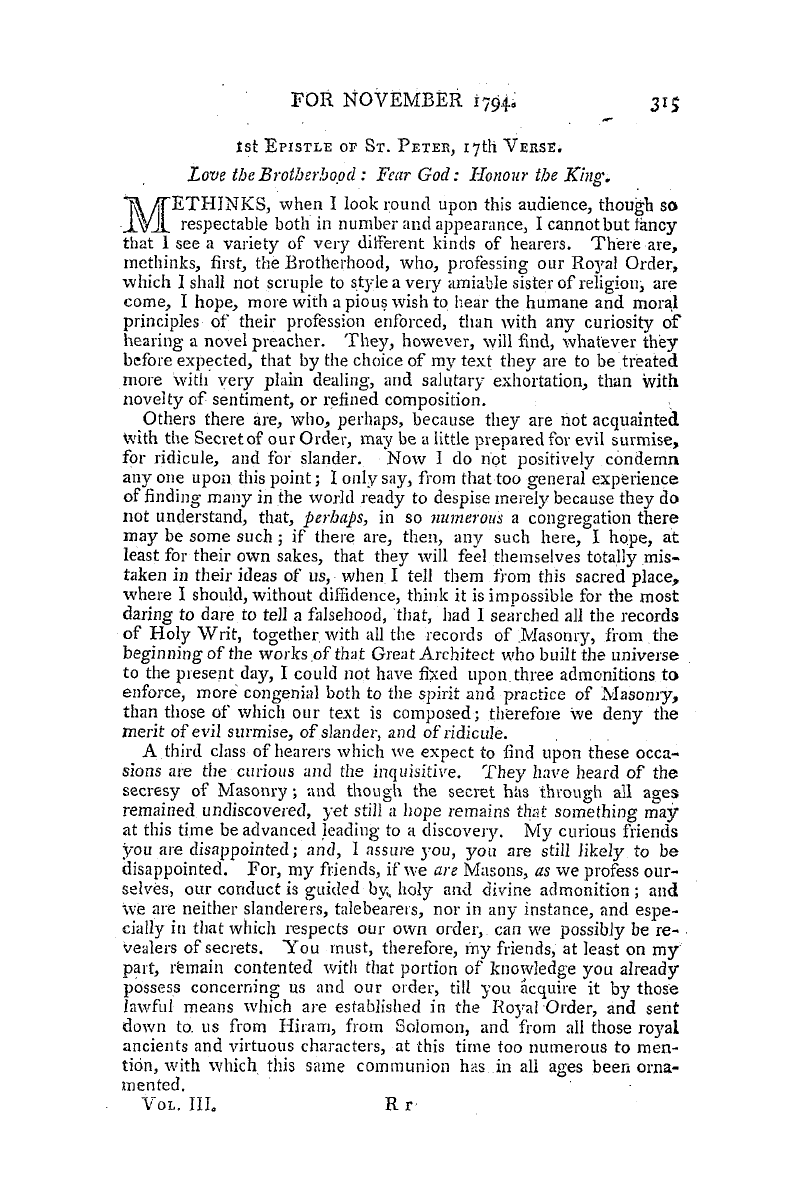 The Freemasons' Magazine: 1794-11-01 - 1st Epistle Of St. Peter, 17th Verse.