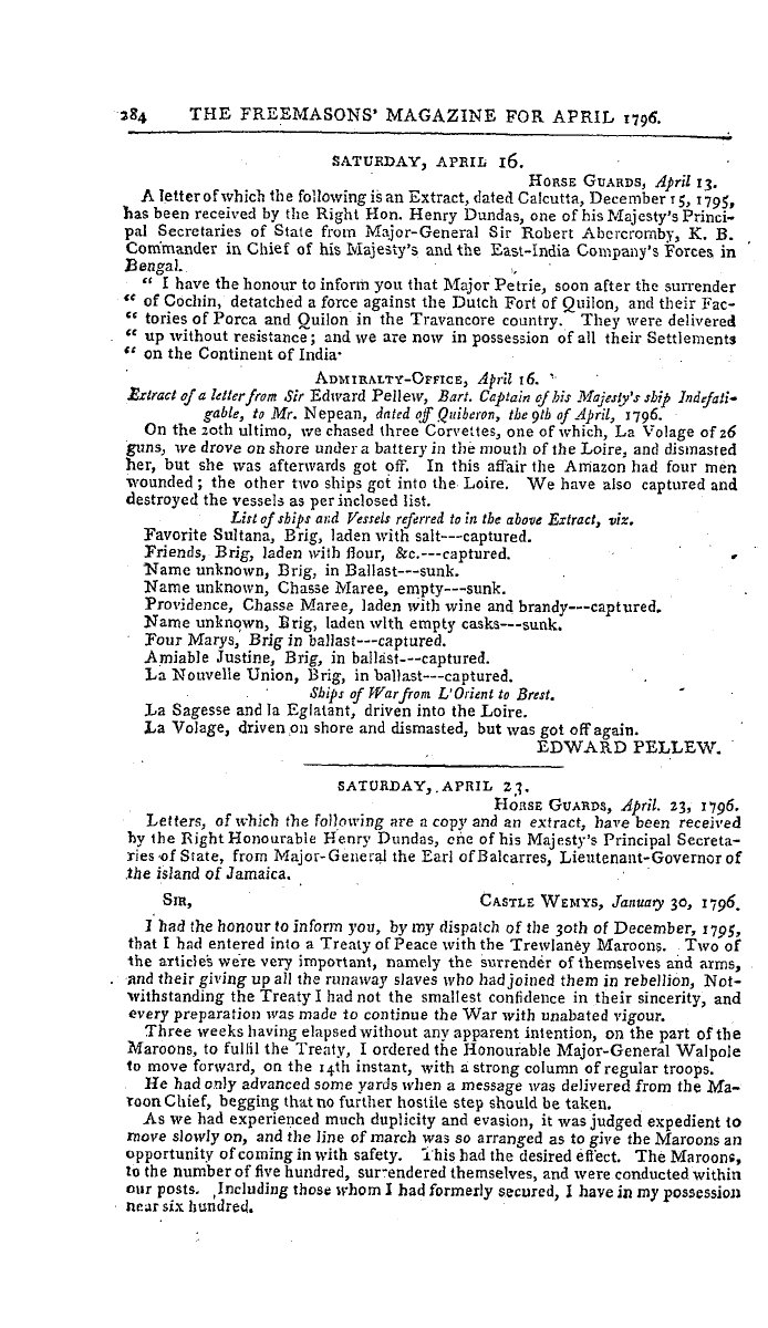 The Freemasons' Magazine: 1796-04-01 - From The London Gazettes.