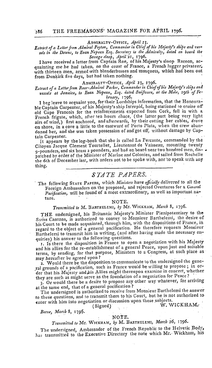 The Freemasons' Magazine: 1796-04-01 - From The London Gazettes.