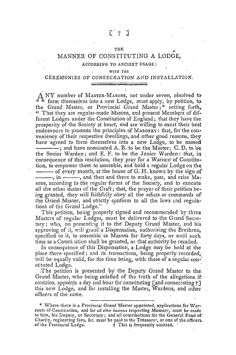 The Freemasons' Magazine: 1796-07-01 - The Manner Of Constituting A Lodge,