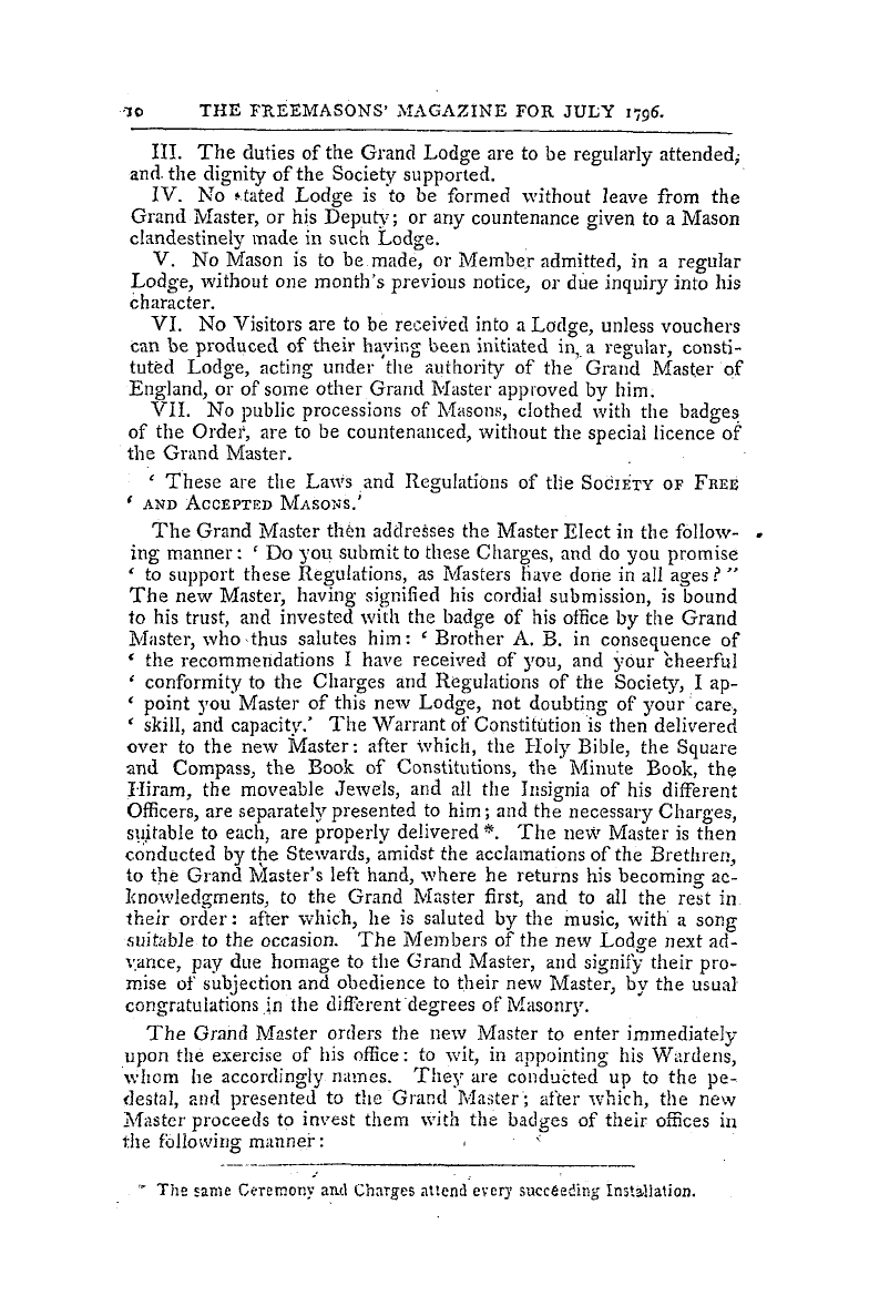 The Freemasons' Magazine: 1796-07-01 - The Manner Of Constituting A Lodge,