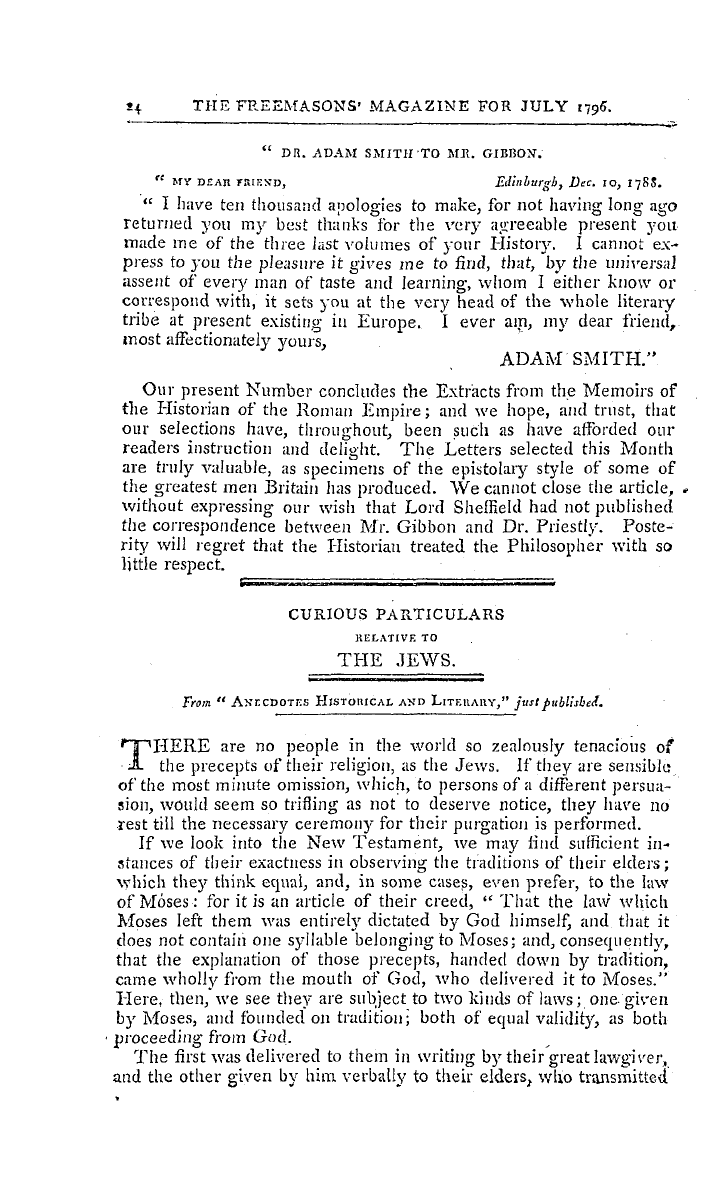 The Freemasons' Magazine: 1796-07-01 - Curious Particulars Relative To The Jews.